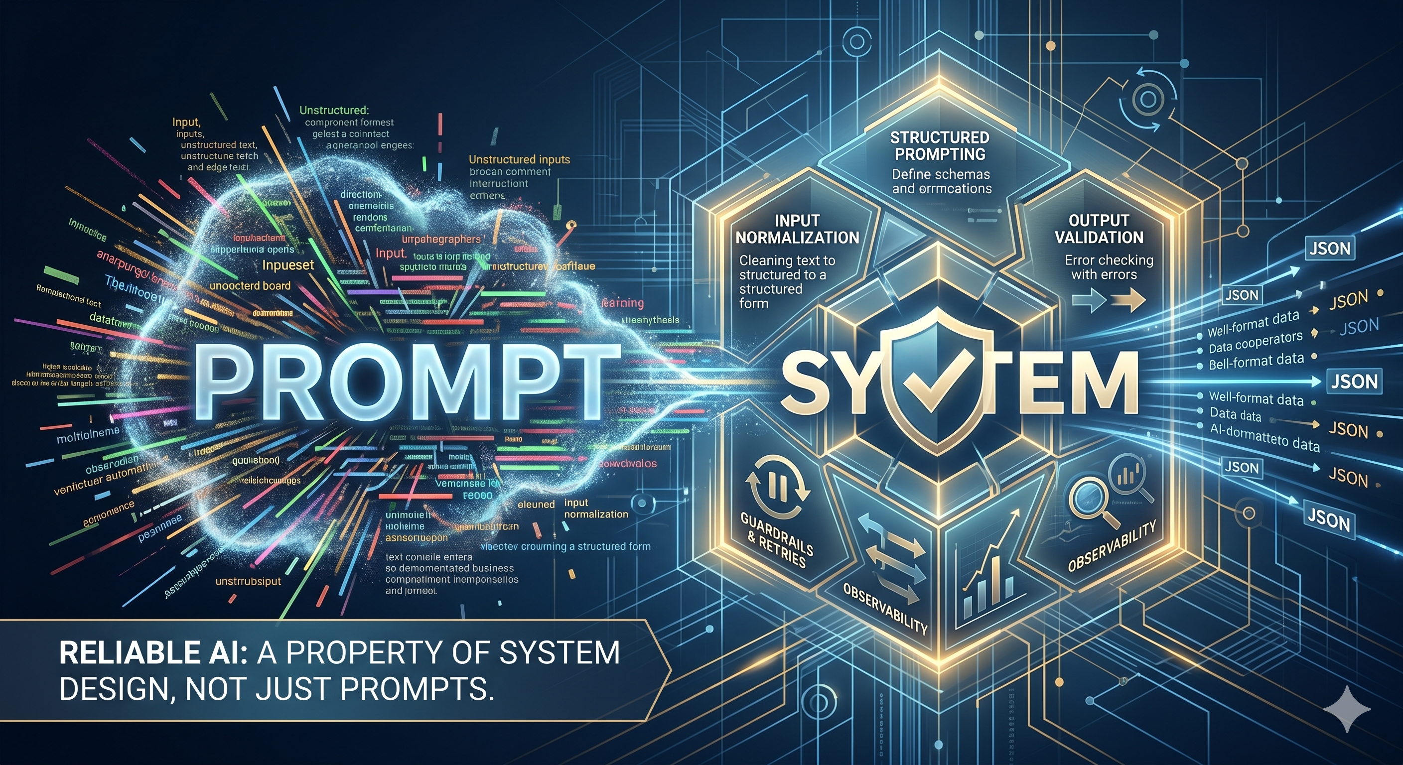 Diagram showing structured system layers around a probabilistic AI core with validation, guardrails, and observability.