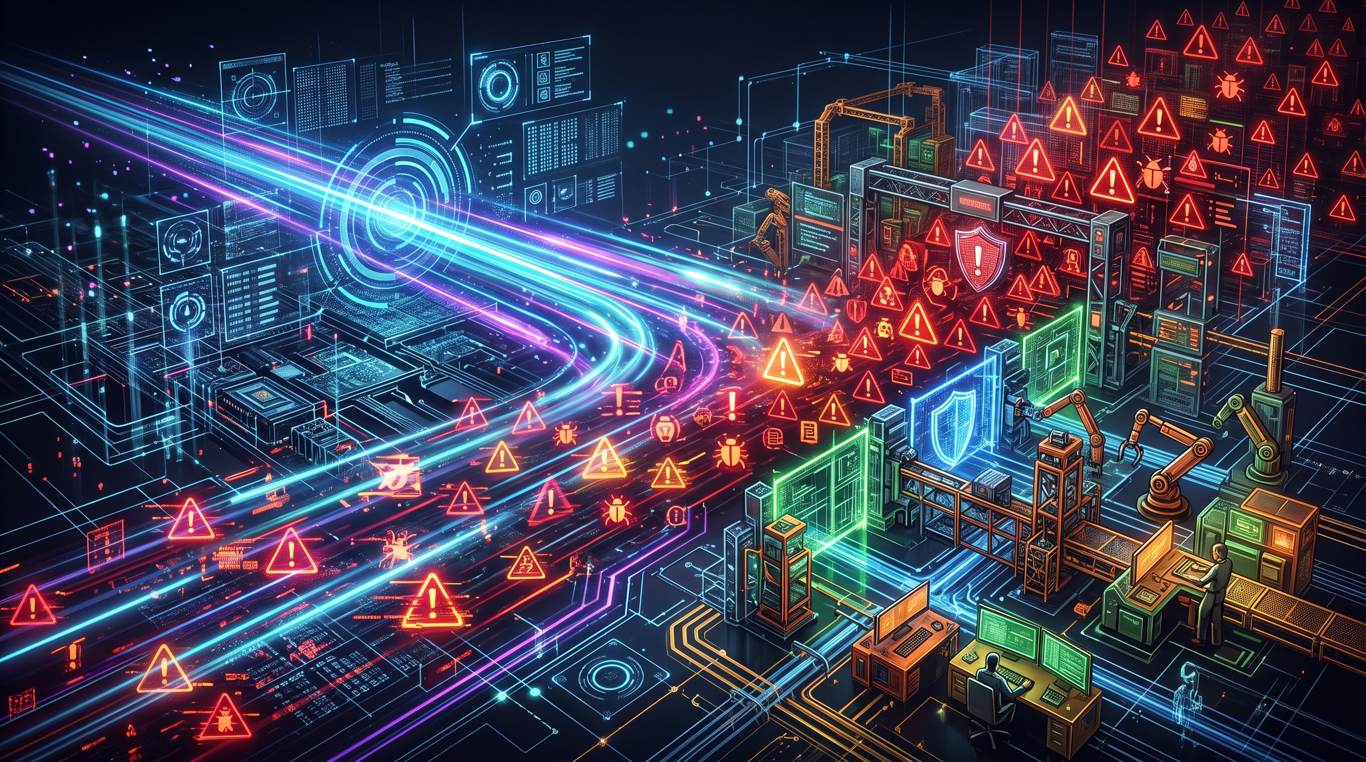 Conceptual illustration showing AI vulnerability discovery moving faster than enterprise remediation pipelines.
